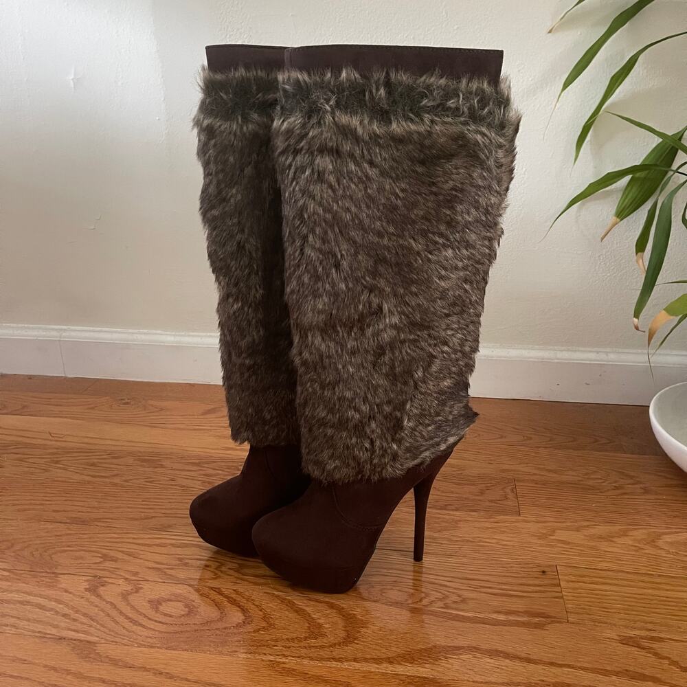 Charlotte Russe Lorane Faux Fur Boots Womens 6 Brown Platform Stiletto Heels Y2K